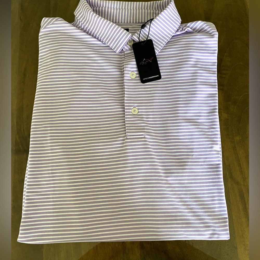 NWT MEN'S GREG NORMAN POLO, SIZE: L, COLOR: LILAC BREEZE/WHITE STRIPED (N7)